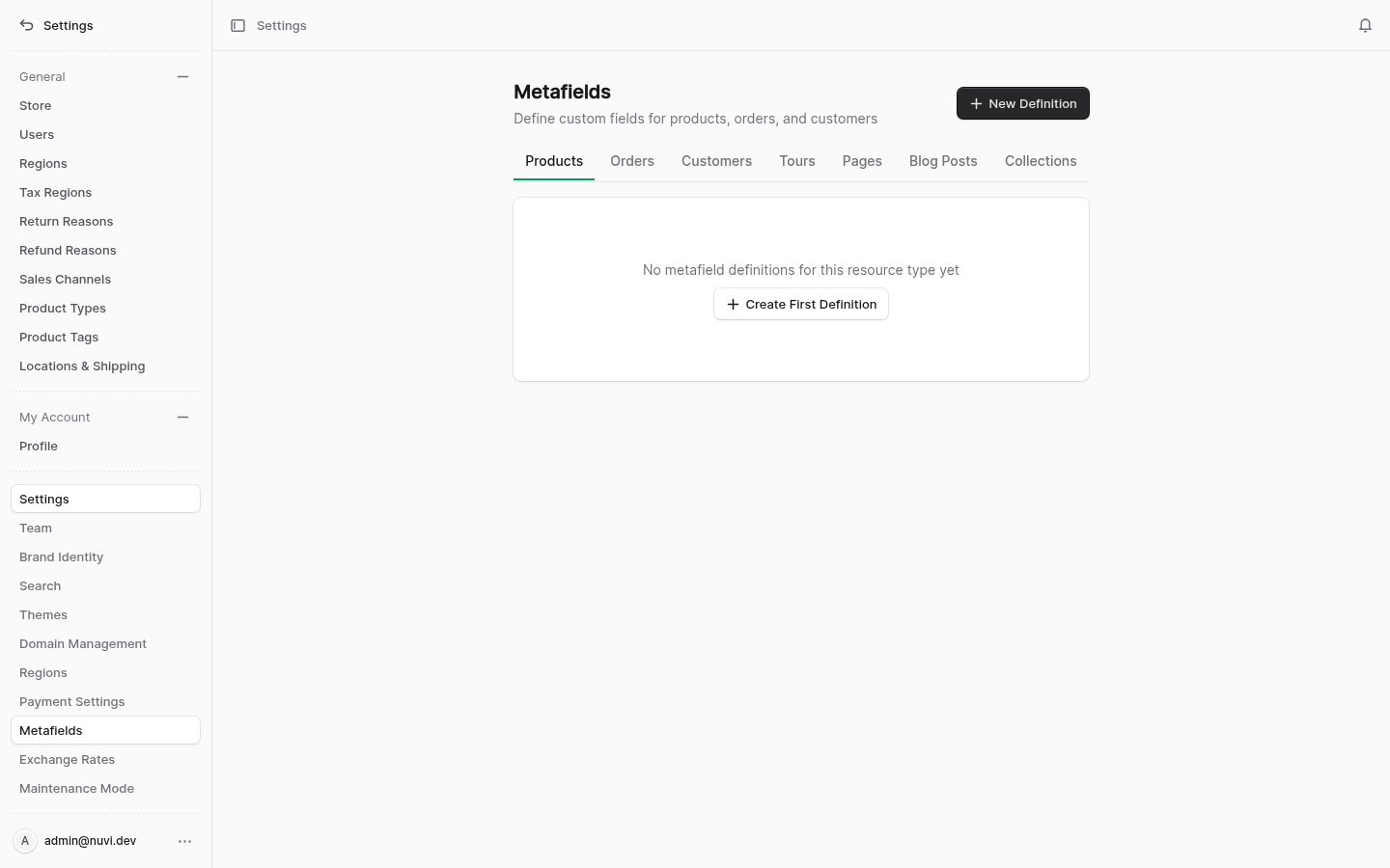 Metafield admin screenshot