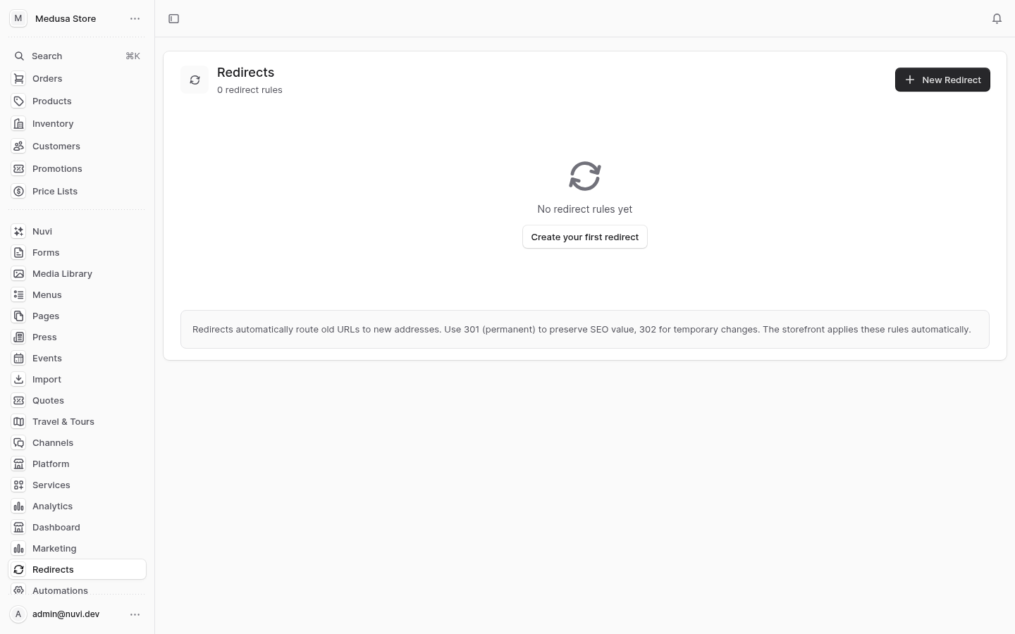 Redirect admin screenshot